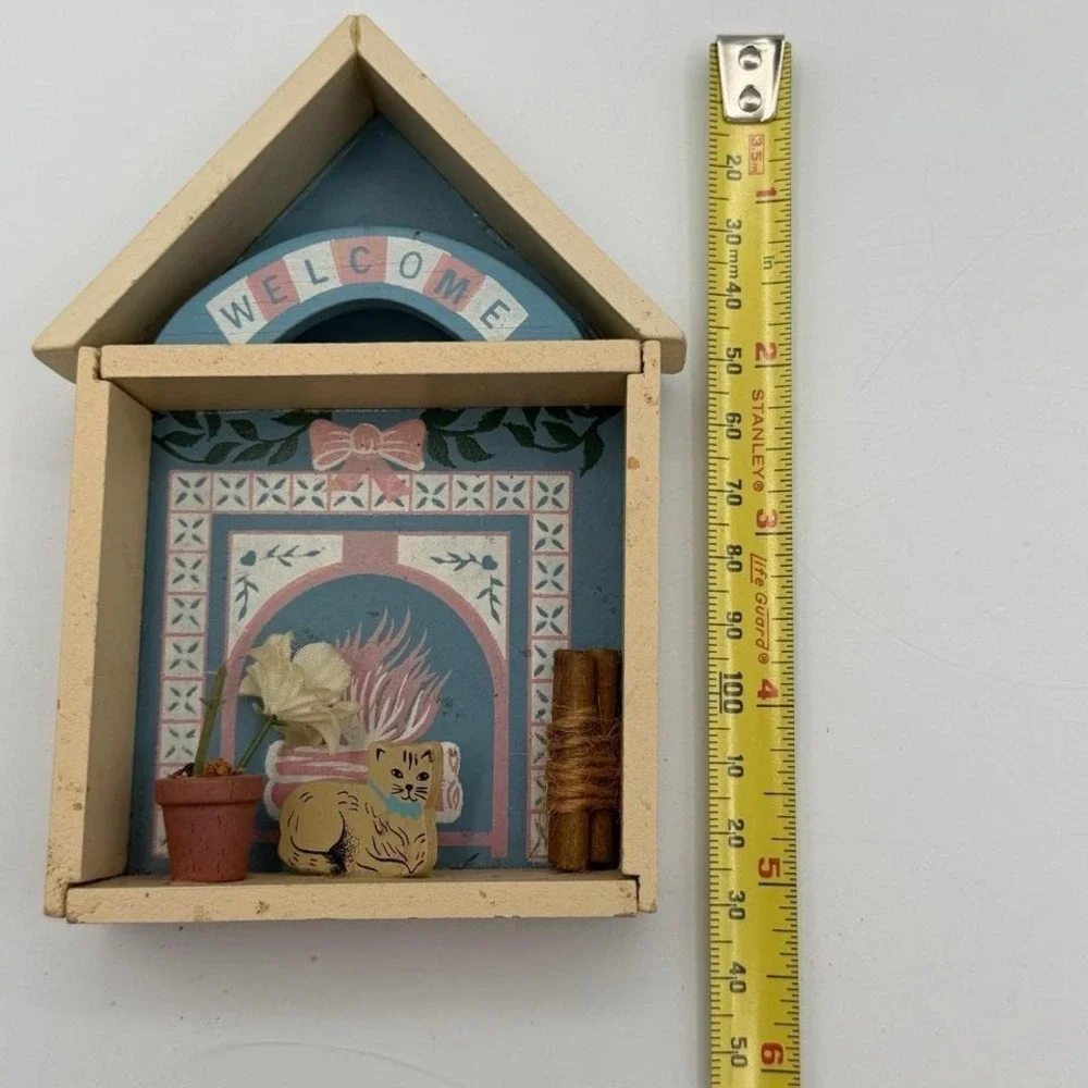 Vintage Folk Art Wooden House Shelf Diorama Welcome Cat Fireplace Decor 5